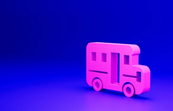 粉色校车图标隔离在蓝色背景 公共交通标志 最低纲领的概念 3D渲染说明 — 图库照片