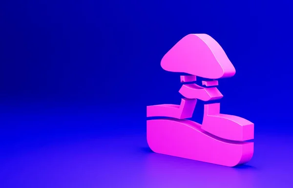 粉色蘑菇图标隔离在蓝色背景 最低纲领的概念 3D渲染说明 — 图库照片