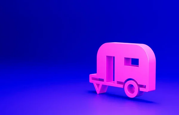 粉红街野营拖车图标隔离在蓝色背景 旅行回家 大篷车 回家露营旅行 最低纲领的概念 3D渲染说明 — 图库照片
