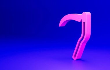 Pembe Tırpan simgesi mavi arkaplanda izole edildi. Mutlu Cadılar Bayramı Partisi. Minimalizm kavramı. 3 Boyutlu resimleme.