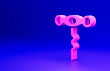 Mavi arka planda izole edilmiş pembe şarap tirbuşon simgesi. Minimalizm kavramı. 3 Boyutlu resimleme.