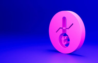 Pembe Meteoroloji termometresi mavi arka planda izole edilmiş ikonu ölçüyor. Termometre termometresi sıcak ya da soğuk hava gösteriyor. Minimalizm kavramı. 3 Boyutlu resimleme.