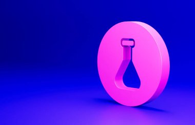 Mavi arka planda pembe test tüpü ve kimyasal test ikonu izole edildi. Laboratuvar cam levhası. Minimalizm kavramı. 3 Boyutlu resimleme.