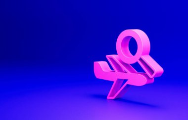 Pembe Uçak arama ikonu mavi arkaplanda izole edildi. Minimalizm kavramı. 3 Boyutlu resimleme.