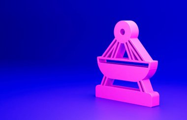 Pembe Tekne salıncak simgesi mavi arkaplanda izole edildi. Çocuklar için eğlence parkı. Çekici binici gemisi, sallanan tekne. Eğlence parkı. Minimalizm kavramı. 3 Boyutlu resimleme.