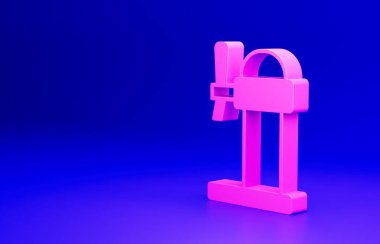 Pembe Dispenser bira ikonu mavi arkaplanda izole edilmiş. Bira kulesi genişliğinde. Minimalizm kavramı. 3 Boyutlu resimleme.