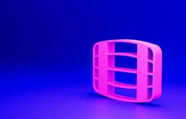 Mavi arka planda pembe ahşap varil ikonu var. Alkol fıçısı, içki kabı, bira için tahta fıçı, viski, şarap. Minimalizm kavramı. 3 Boyutlu resimleme.