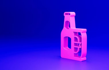 Pembe bira şişesi ve bira kutusu ikonu mavi arka planda izole edilmiş. Minimalizm kavramı. 3 Boyutlu resimleme.