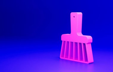 Mavi arkaplanda pembe süpürge sapı simgesi izole edildi. Temizlik hizmeti konsepti. Minimalizm kavramı. 3 Boyutlu resimleme.