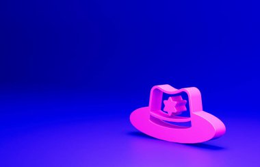 Mavi arka planda rozet simgesi olan pembe şerif şapkası. Minimalizm kavramı. 3 Boyutlu resimleme.