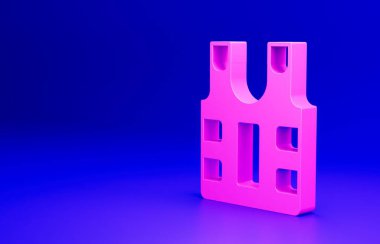 Mavi arka planda izole edilmiş kurşun ikonundan korunmak için pembe kurşun geçirmez yelek. Vücut zırhı işareti. Askeri kıyafetler. Minimalizm kavramı. 3 Boyutlu resimleme.