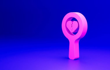 Kırık pembe kalp ya da mavi arka planda izole edilmiş boşanma ikonu. Aşk sembolü. Sevgililer Günü. Minimalizm kavramı. 3 Boyutlu resimleme.