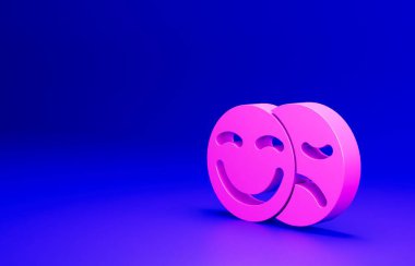 Pembe Komedi ve Trajik Maskeler ikonu mavi arka planda izole edilmiş. Minimalizm kavramı. 3 Boyutlu resimleme.