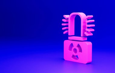 Pembe Radyoaktif uyarı lambası ikonu mavi arkaplanda izole edildi. Minimalizm kavramı. 3 Boyutlu resimleme.