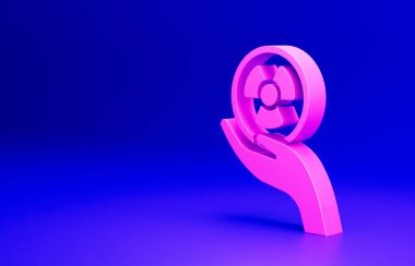 Mavi arkaplandaki el simgesinde pembe radyoaktif. Radyoaktif zehirli sembol. Radyasyon tehlikesi işareti. Minimalizm kavramı. 3 Boyutlu resimleme.