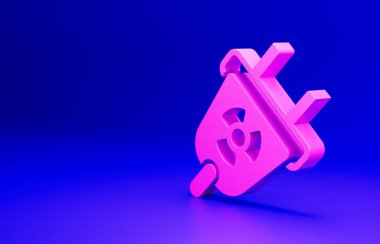 Pembe Radyasyon elektrik prizi ikonu mavi arka planda izole edildi. Nükleer enerji. Minimalizm kavramı. 3 Boyutlu resimleme.