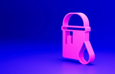 Mavi arkaplanda izole edilmiş pembe boya kovası simgesi. Minimalizm kavramı. 3 Boyutlu resimleme.