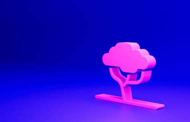 Mavi arkaplanda izole edilmiş pembe Afrika ağaç simgesi. Baobab, akasya ve diğerleri. Minimalizm kavramı. 3 Boyutlu resimleme.