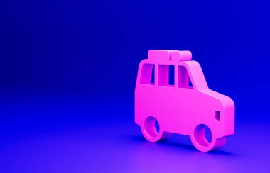 Pembe araba simgesi mavi arkaplanda izole edildi. Minimalizm kavramı. 3 Boyutlu resimleme.
