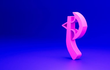 Mavi arkaplanda izole edilmiş pembe tahta balta simgesi. Oduncu baltası. Mutlu Cadılar Bayramı Partisi. Minimalizm kavramı. 3 Boyutlu resimleme.