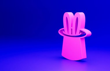 Mavi arka planda pembe sihirbaz şapkası ve tavşan kulağı simgesi var. Sihir numarası. Gizemli eğlence konsepti. Minimalizm kavramı. 3 Boyutlu resimleme.