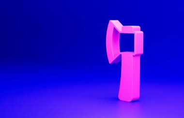 Mavi arkaplanda izole edilmiş pembe tahta balta simgesi. Oduncu baltası. Minimalizm kavramı. 3 Boyutlu resimleme.