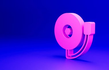 Pembe zil ikonu mavi arkaplanda izole edilmiş. Yangın alarmı. Servis zili, el zili işareti, uyarı sembolü. Minimalizm kavramı. 3 Boyutlu resimleme.
