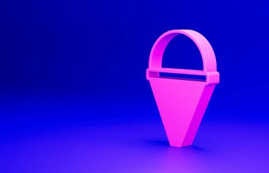 Pembe Ateş Kova ikonu mavi arka planda izole edildi. Metal koni kovası boş ya da yangın söndürme suyu var. Minimalizm kavramı. 3 Boyutlu resimleme.