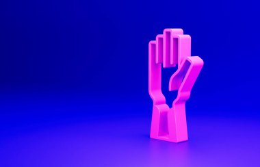 Mavi arka planda izole edilmiş pembe koruyucu eldiven ikonu. Minimalizm kavramı. 3 Boyutlu resimleme.