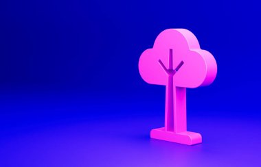 Mavi arkaplanda izole edilmiş pembe ağaç simgesi. Orman sembolü. Minimalizm kavramı. 3 Boyutlu resimleme.