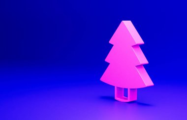 Mavi arka planda izole edilmiş pembe Noel ağacı simgesi. Mutlu Noeller ve mutlu yıllar. Minimalizm kavramı. 3 Boyutlu resimleme.