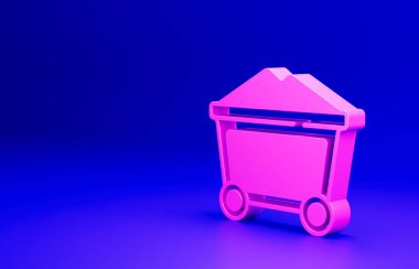Pembe Mayın kömür vagonu ikonu mavi arka planda izole edilmiş. Minimalizm kavramı. 3 Boyutlu resimleme.