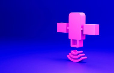 Mavi arkaplanda pembe uydu simgesi izole edildi. Minimalizm kavramı. 3 Boyutlu resimleme.