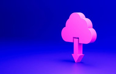 Pembe Bulut indirme simgesi mavi arkaplanda izole edildi. Minimalizm kavramı. 3 Boyutlu resimleme.