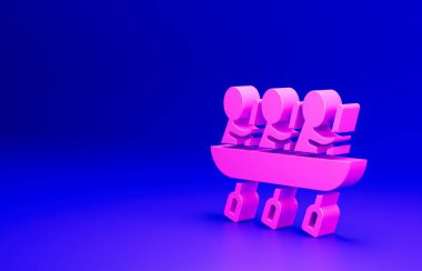 Pembe kano kürek takımının spor ikonu mavi arka planda izole edildi. Kürekleri kayıkta kürek çeken üç sporcu. Takım çalışması konsepti. Minimalizm kavramı. 3 Boyutlu resimleme.