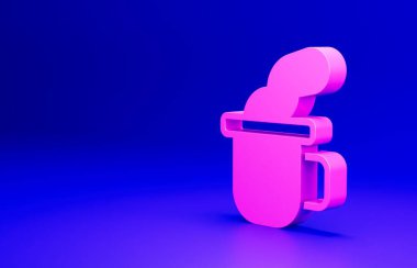 Mavi arkaplanda izole edilmiş pembe çay ikonu. Minimalizm kavramı. 3 Boyutlu resimleme.