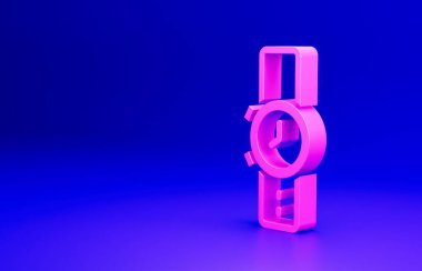 Pembe bilek saat simgesi mavi arkaplanda izole edildi. Kol saati simgesi. Minimalizm kavramı. 3 Boyutlu resimleme.