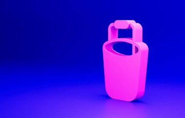 Mavi arkaplanda pembe kova simgesi izole edildi. Temizlik hizmeti konsepti. Minimalizm kavramı. 3 Boyutlu resimleme.