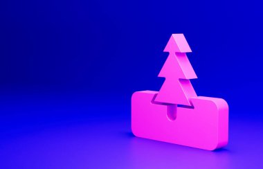 Mavi arkaplanda izole edilmiş pembe ağaç simgesi. Orman sembolü. Minimalizm kavramı. 3 Boyutlu resimleme.