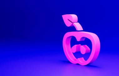 Pembe Elma simgesi mavi arkaplanda izole edilmiş. Fazla kilolu. Sağlıklı diyet menüsü. Fitness diyeti elması. Minimalizm kavramı. 3 Boyutlu resimleme.