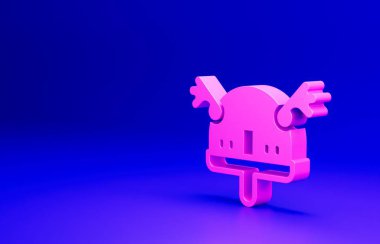 Mavi arka planda izole edilmiş boynuzlu kask ikonunda pembe Viking. Minimalizm kavramı. 3 Boyutlu resimleme.