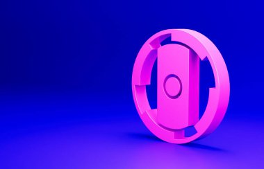 Pembe Kalkan Viking ikonu mavi arka planda izole edildi. Yuvarlak ahşap kalkan. Güvenlik, güvenlik, koruma, mahremiyet, koruma kavramı. Minimalizm kavramı. 3 Boyutlu resimleme.