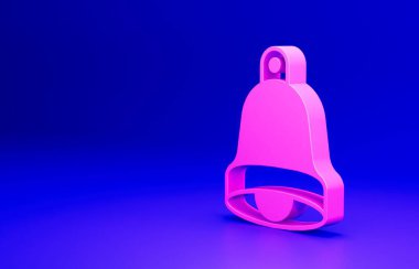 Pembe kilise çan simgesi mavi arkaplanda izole edilmiş. Alarm sembolü, servis zili, el zili işareti, uyarı sembolü. Minimalizm kavramı. 3 Boyutlu resimleme.