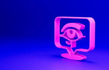 Horus 'un Pembe Gözü simgesi mavi arkaplanda izole edilmiş. Eski Mısır tanrıçası Wedjet korunma, kraliyet gücü ve sağlığın sembolü. Minimalizm kavramı. 3 Boyutlu resimleme.