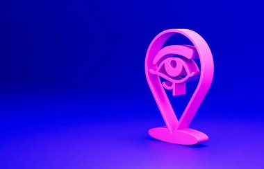 Horus 'un Pembe Gözü simgesi mavi arkaplanda izole edilmiş. Eski Mısır tanrıçası Wedjet korunma, kraliyet gücü ve sağlığın sembolü. Minimalizm kavramı. 3 Boyutlu resimleme.
