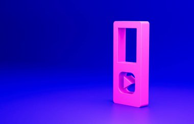 Pembe Müzik çalar simgesi mavi arkaplanda izole edildi. Taşınabilir müzik cihazı. Minimalizm kavramı. 3 Boyutlu resimleme.