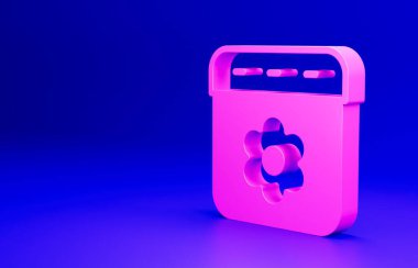 Pembe Takvim yay simgesi mavi arkaplanda izole edildi. Olay hatırlatma sembolü. Minimalizm kavramı. 3 Boyutlu resimleme.