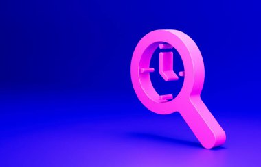 Mavi zemin üzerinde saat simgesi olan pembe büyüteç. Saat araması. Minimalizm kavramı. 3 Boyutlu resimleme.