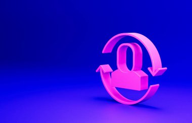 Pembe Borsa çalışma simgesi mavi arkaplanda izole edildi. İnsanlar arasında bilgi alışverişi. Personel ya da insanlar yer değiştirme ya da yer değiştirme konsepti. Minimalizm kavramı. 3 Boyutlu resimleme.