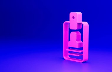 Mavi arkaplanda pembe kimlik tanımlama simgesi var. Sunum için, şirketin kimliği için, reklam için kullanılabilir. Minimalizm kavramı. 3 Boyutlu resimleme.